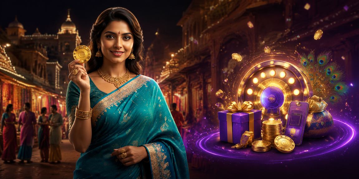 Indian lottery ticket with currency and festive saree background