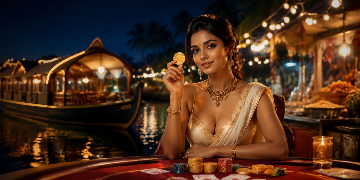 Poker night market scene at Kerala Backwaters with festive lights